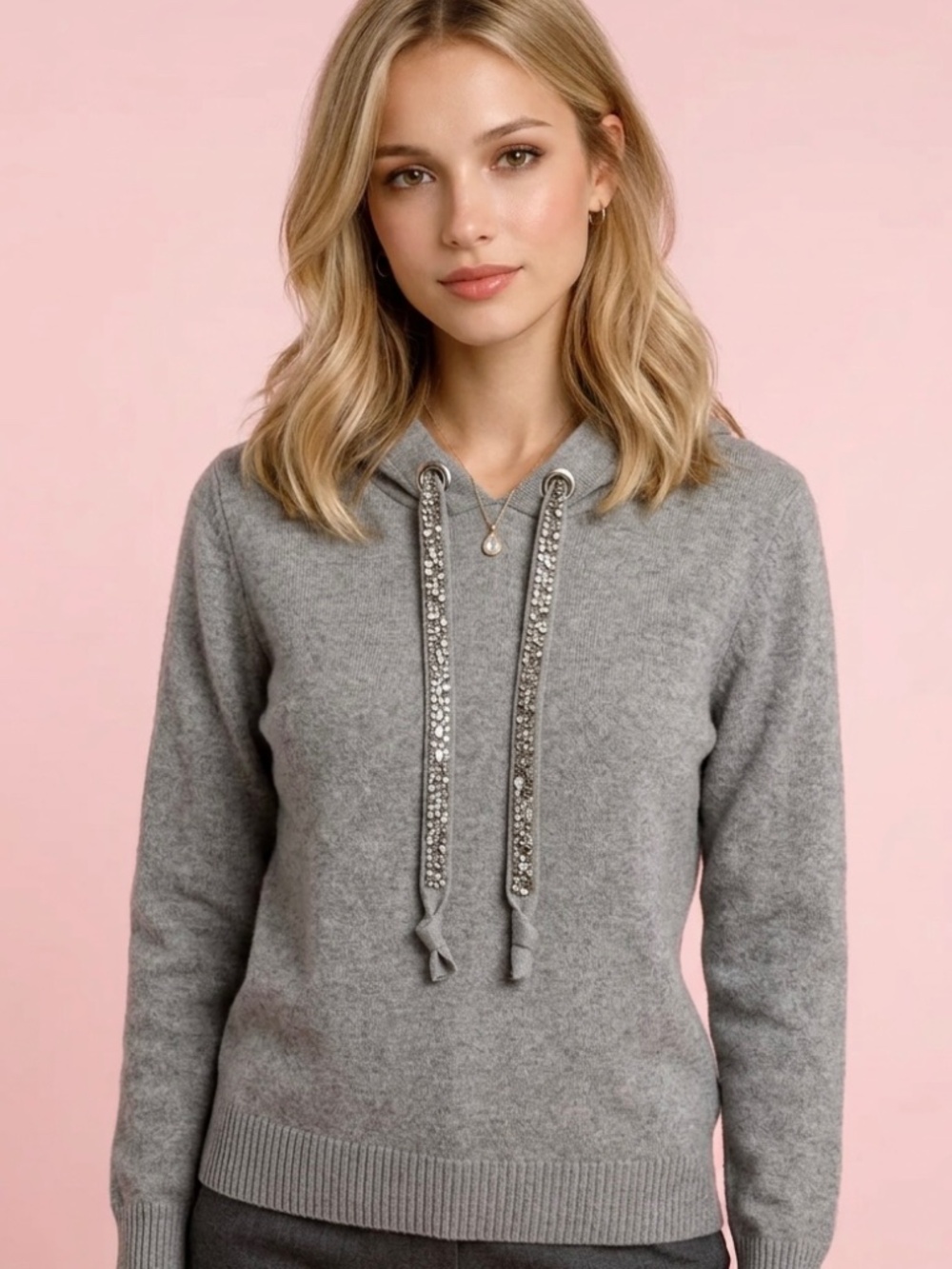 Bellini Hooded Gray Pullover Embellished Ties Viscose Quality Sweater-S